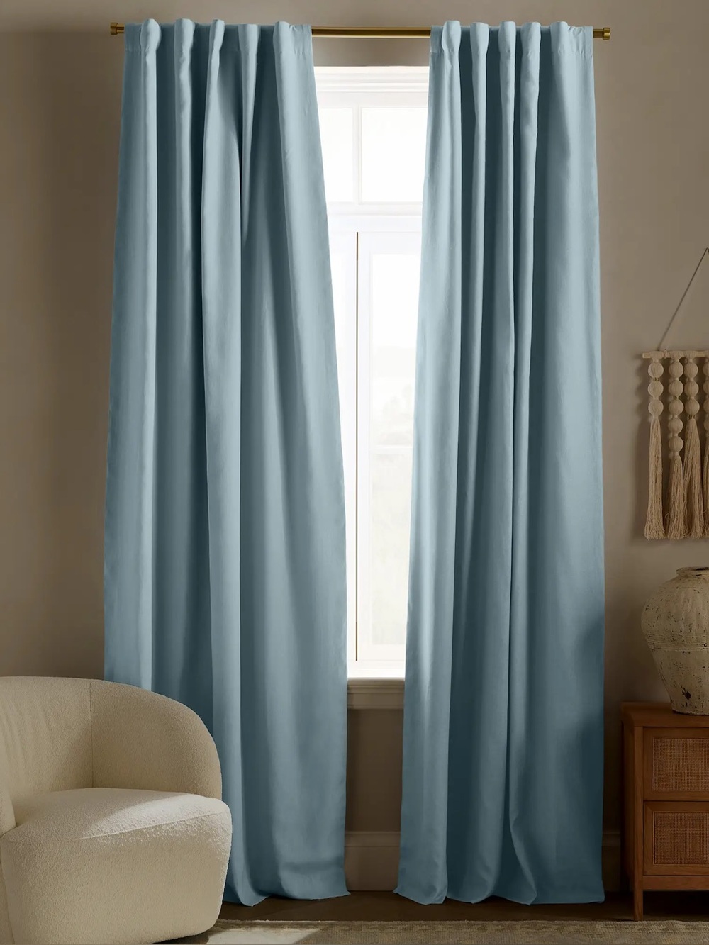 NEW Quince European Linen True Blackout Curtain in Light Blue Set of 2 48”x84”